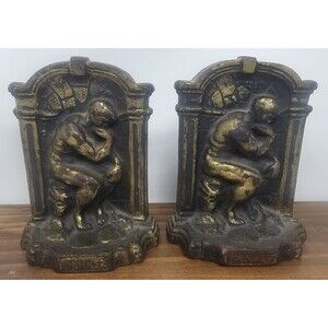Vintage Rodin The Thinker Cast Metal Bookends Full Figure Deep Thought Heavy